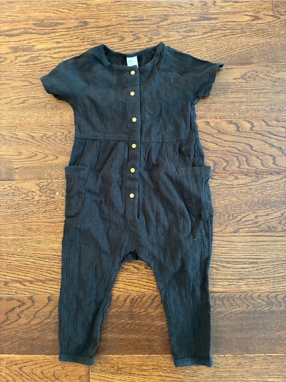 Black Kids One-Piece Linen Romper with Button Front